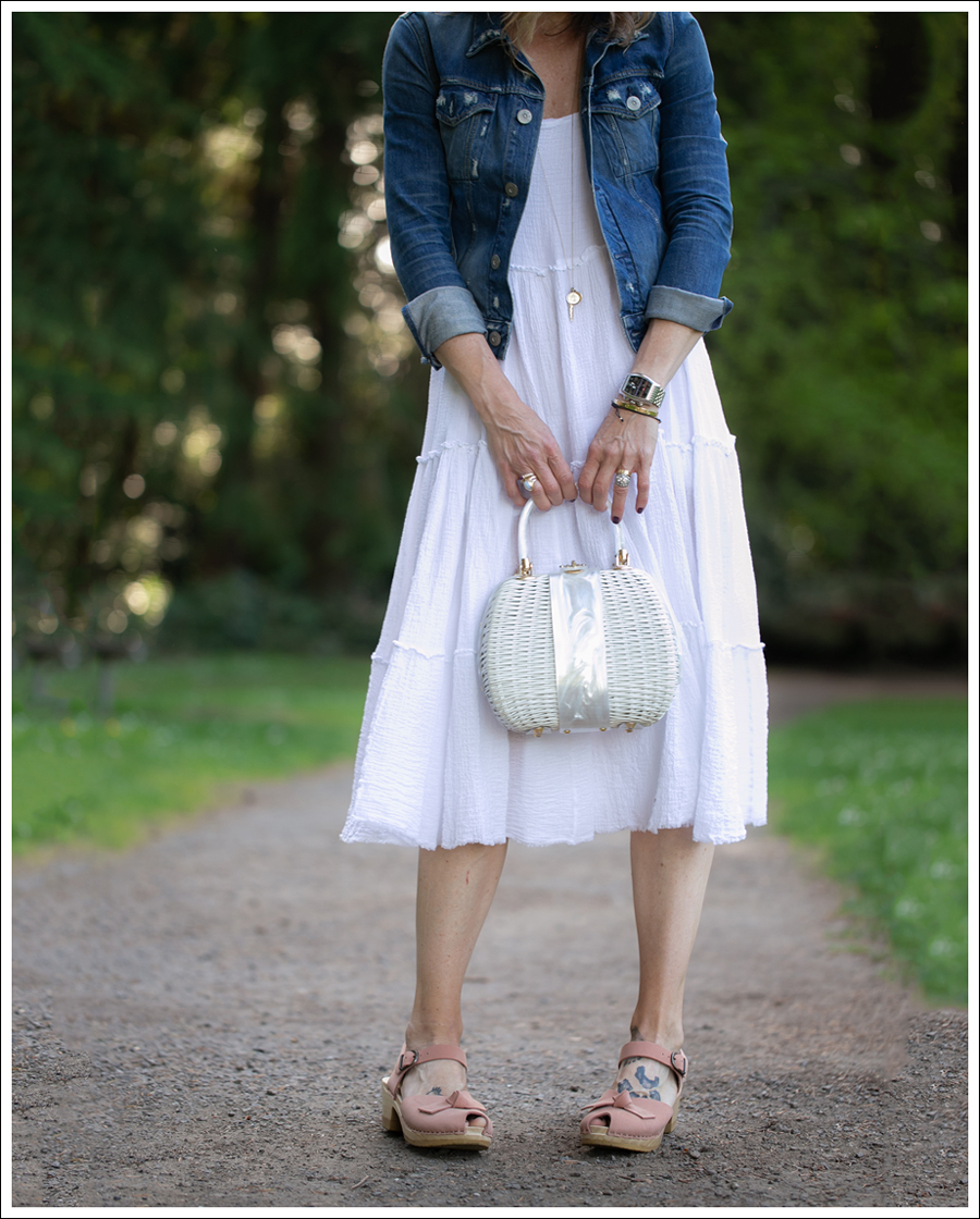 Denim Jacket White Sundress Peep Toe Clogs Vintage Wicker Bag Memorial Day Outfit Inspo